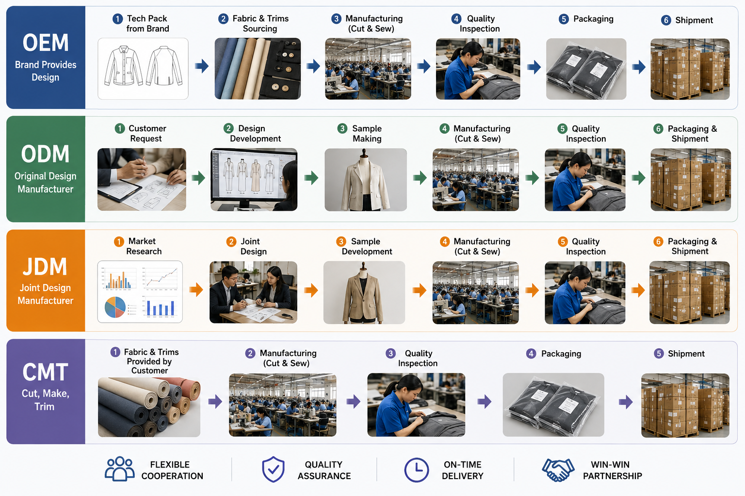 OEM, ODM, JDM and CMT apparel production workflows from product brief through quality inspection, packaging and shipment