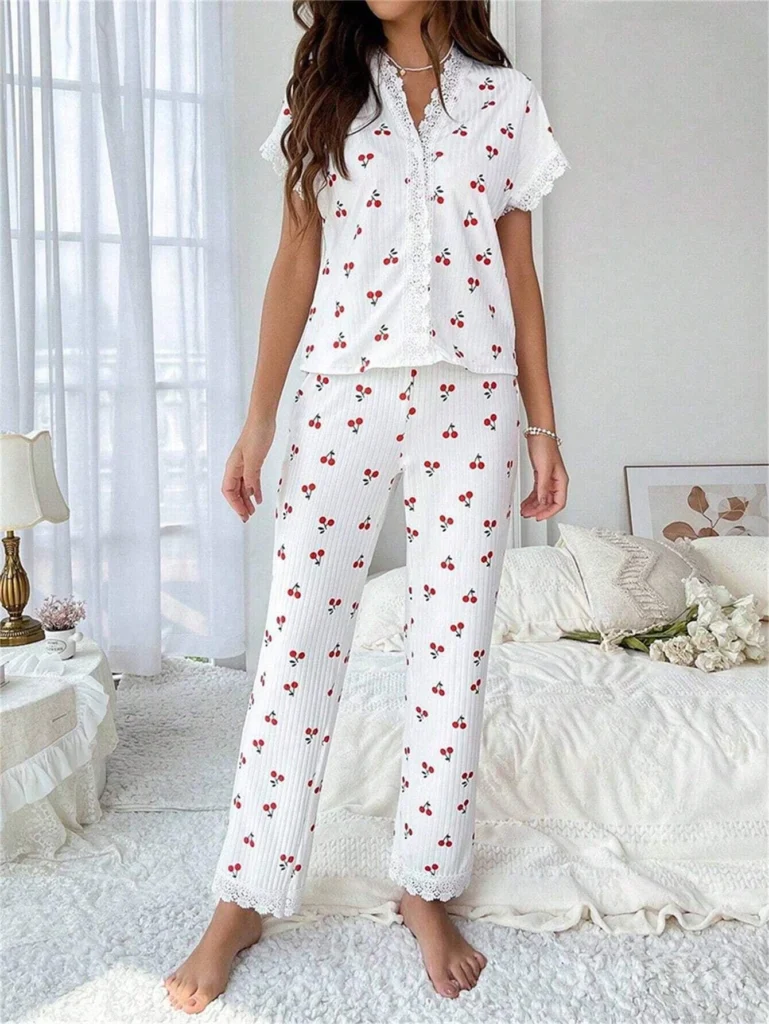 Cherry Embroidery Lounge Pajama Set