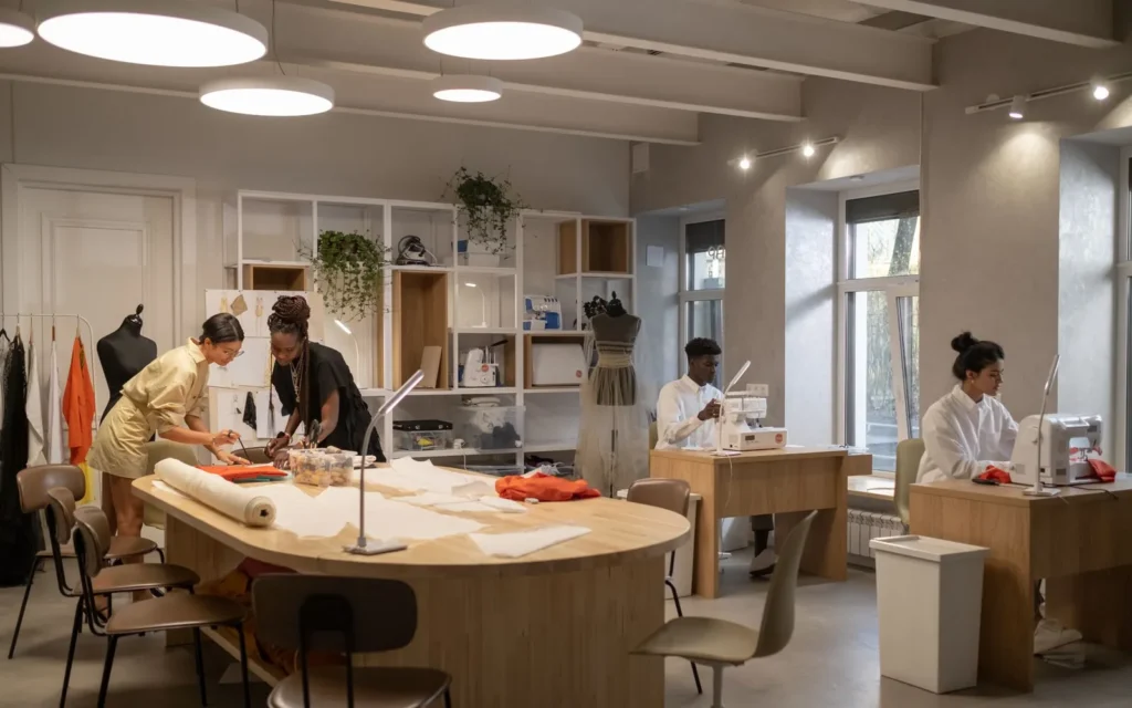 Design and sewing team working in a modern apparel studio