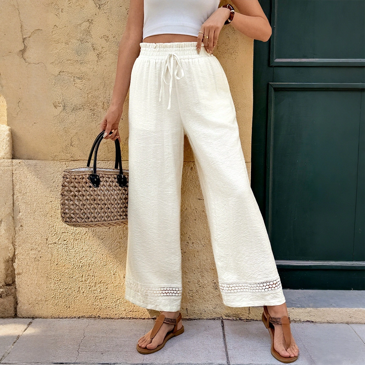 Lace-Trim Wide-Leg Resort Pants