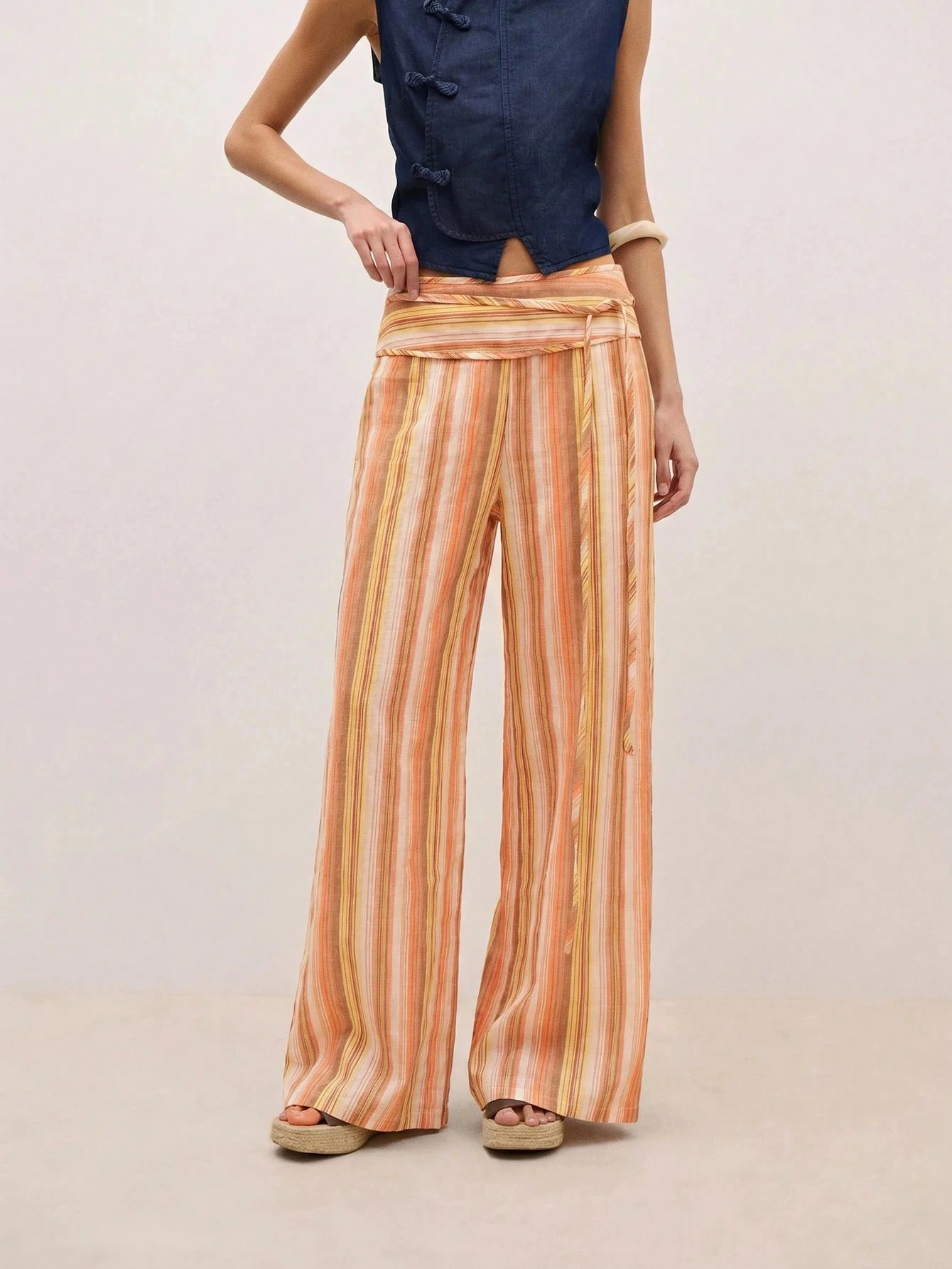 Striped Tie-Waist Wide-Leg Resort Pants